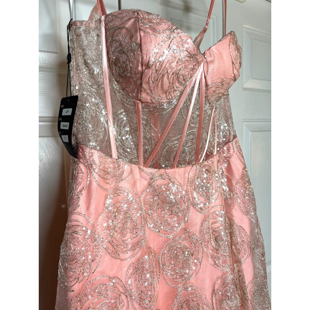 NWT Womens Lucci Lu Dress, 1277, Coral Pink, Rose Overlay, Illusion Bodice Sz 10 - Picture 3 of 10